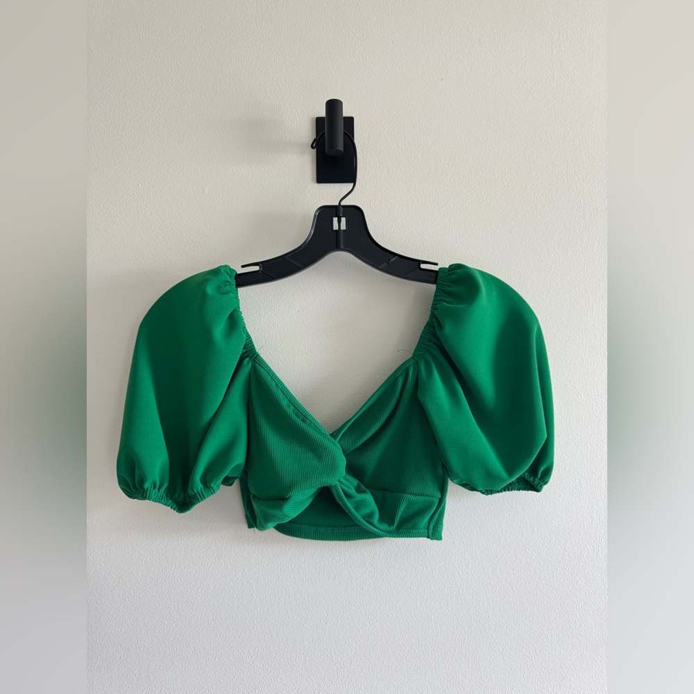 Green Puff Sleeve Crop Bra Top